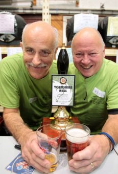 Oktoberfest: Tony Shaw and Keith Hinchliffe pictured with 'Yorkshire Ness' by Small World Beers of Shelley.
